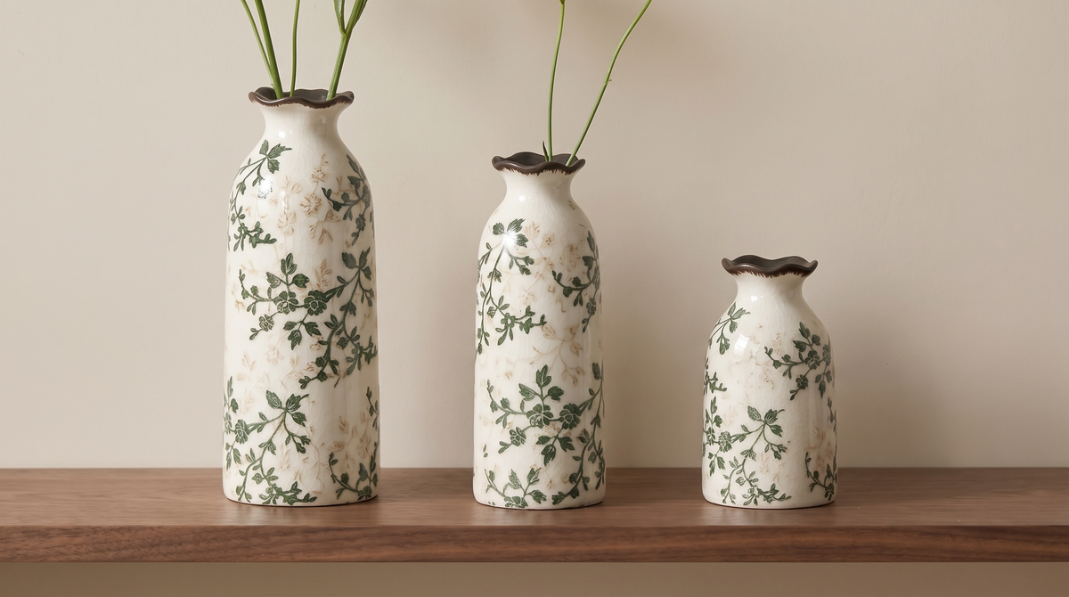 Three crackle bud vases in three heights on a shelf