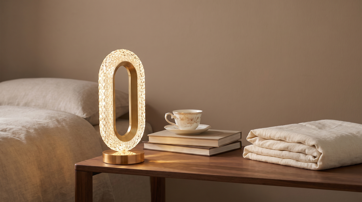 Halo table lamp beside books showing its small scale