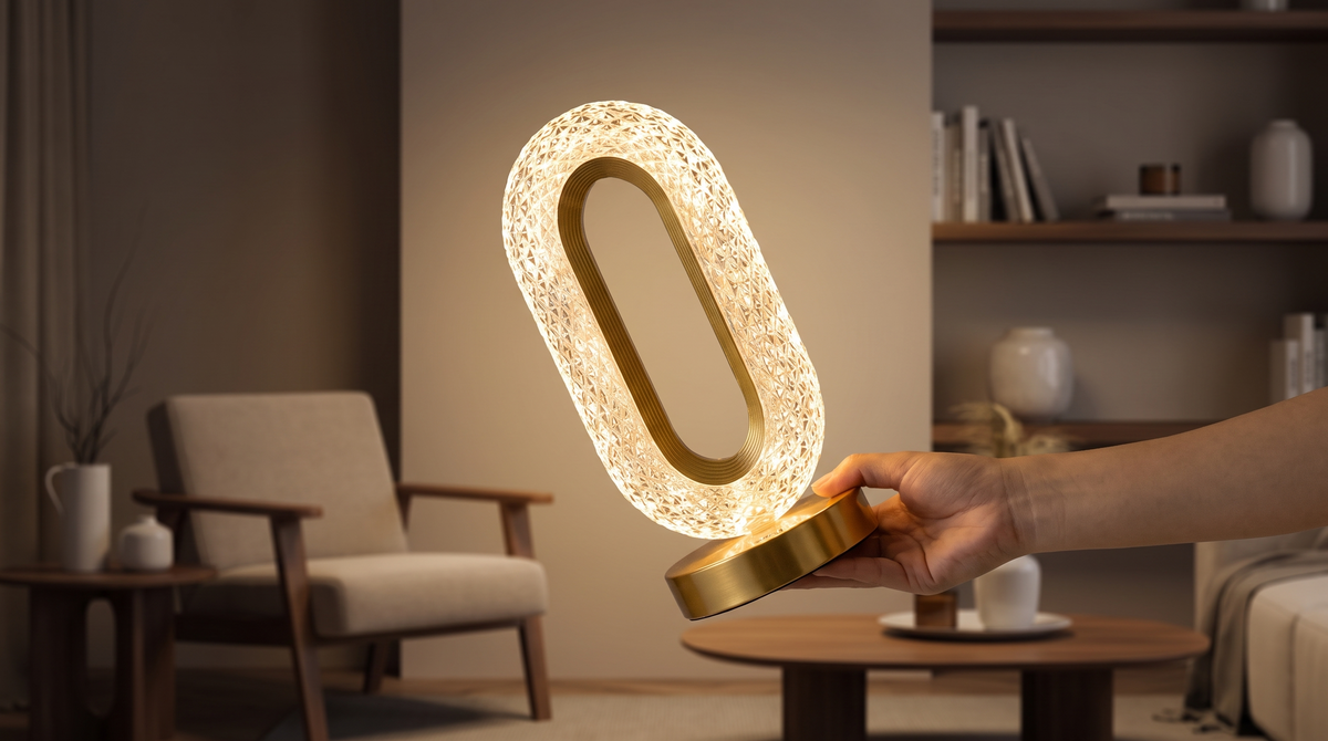 Halo table lamp carried by its base with no cord attached