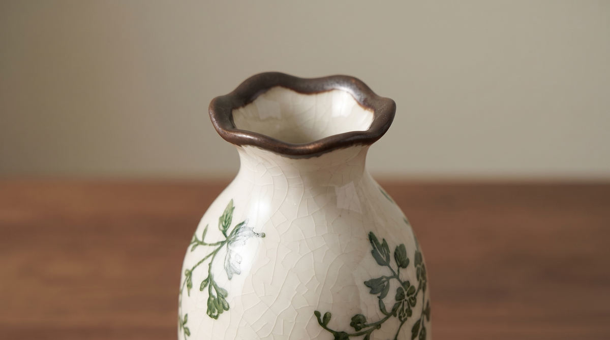 Irregular wavy dark brown rim of the crackle bud vase