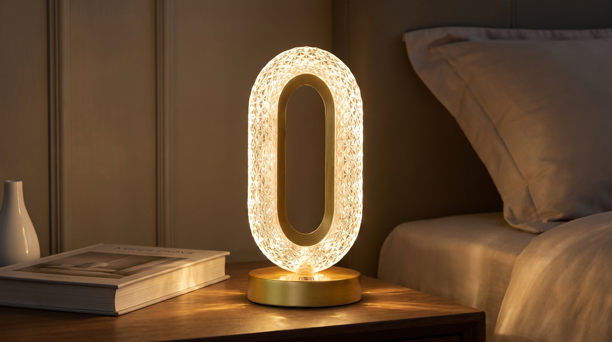 Faceted halo table lamp glowing on a bedside table