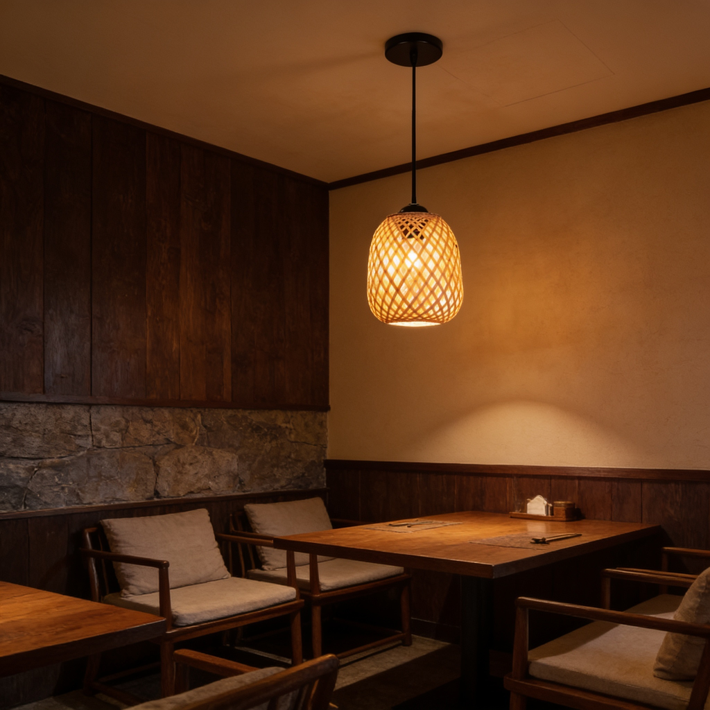Warm lit woven pendant hanging in a corner above a plain wooden dining table