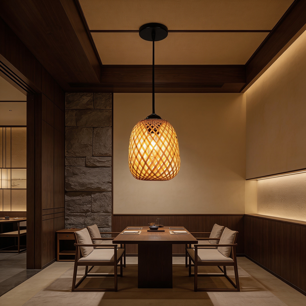 Bamboo pendant lighting a wood paneled dining room with a long table and chairs
