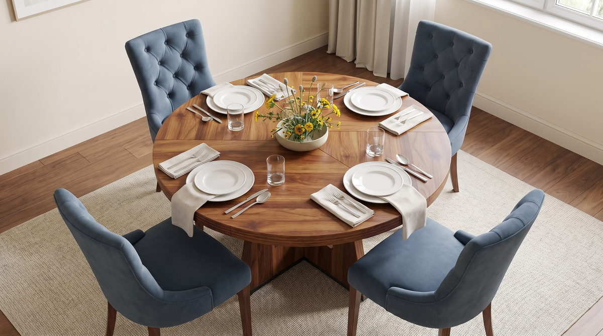 Round dining table laid for a meal with chairs evenly spaced