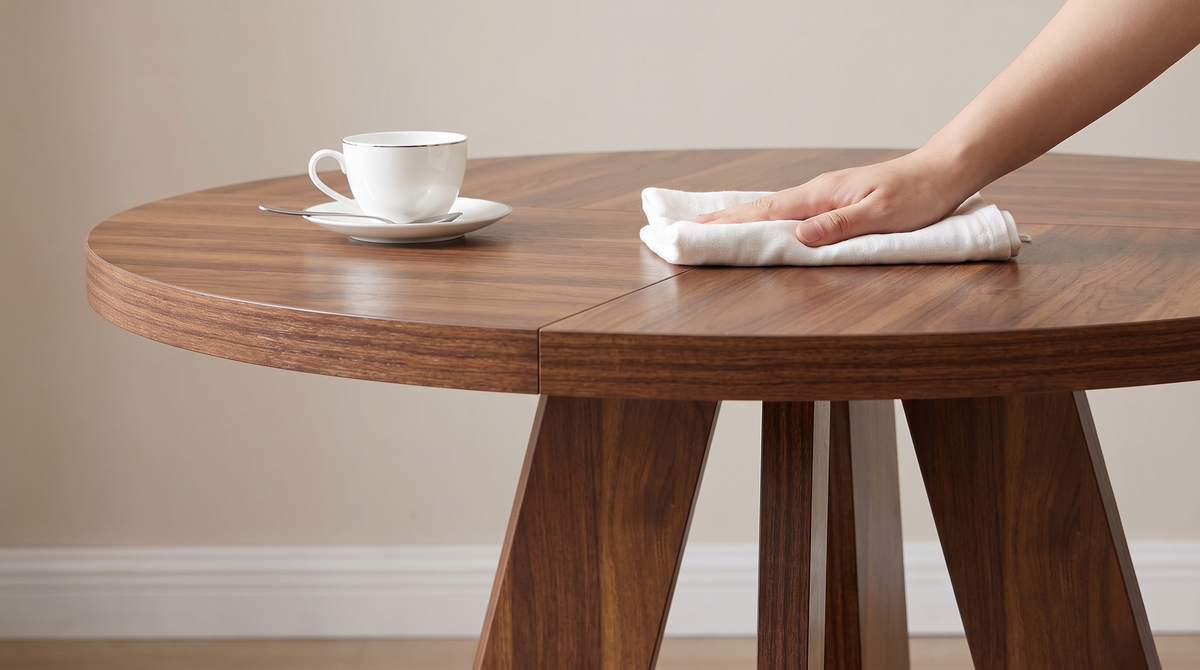 Thick squared edge of the round dining table top being wiped