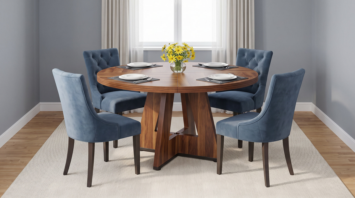 Round dining table on a single central pedestal base