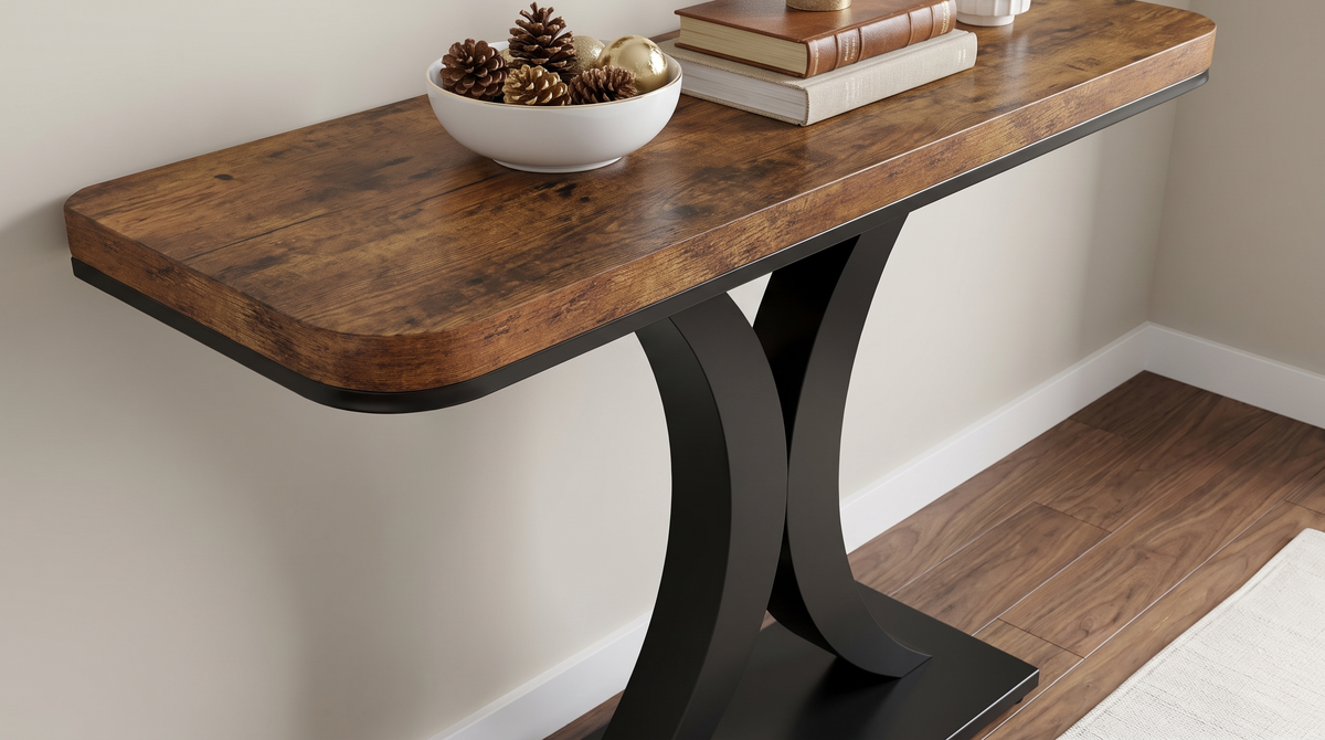 Thick wood grain top and curved edge of the console table