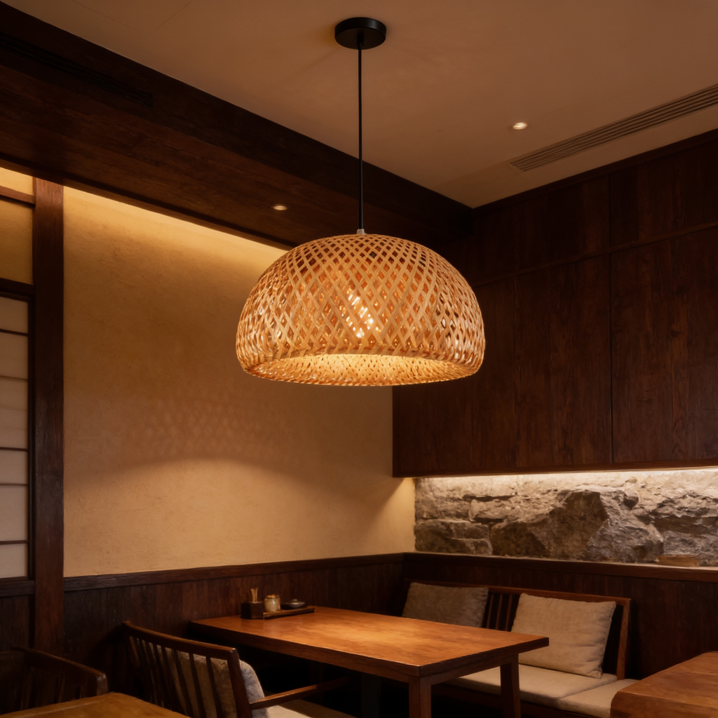 Domed woven bamboo shade glowing above a table under a slatted wood ceiling