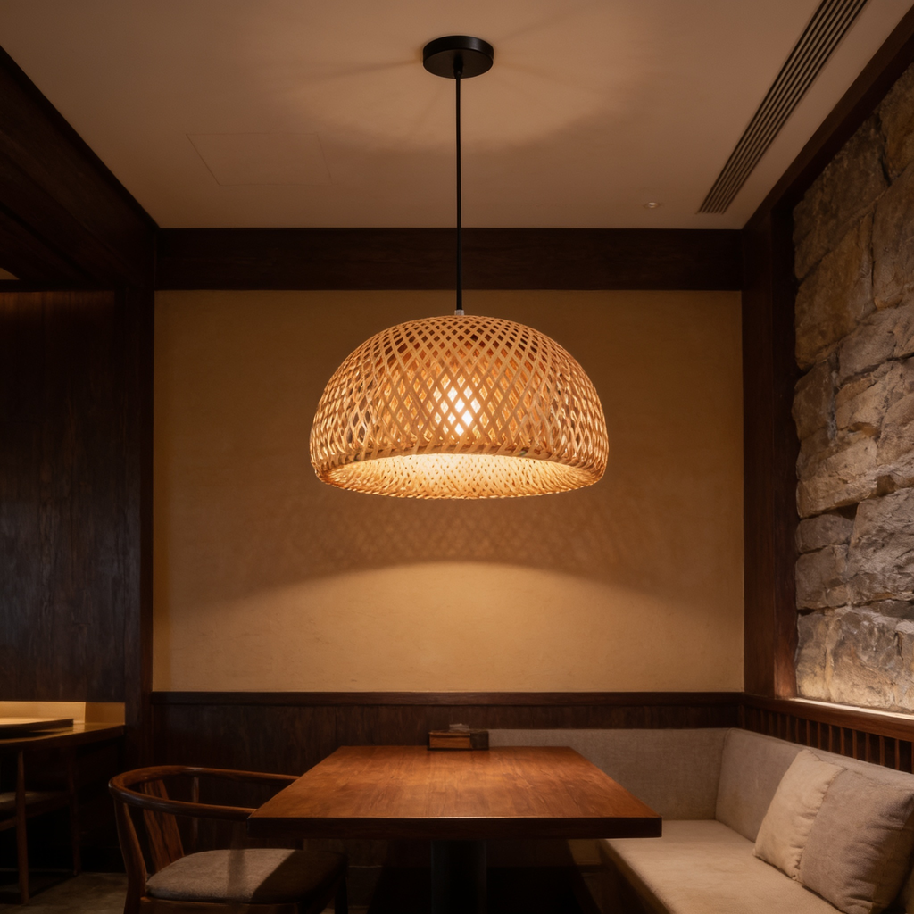Rattan dome pendant lighting a cushioned booth and a polished wooden table
