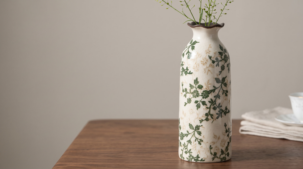 Crackle glaze bud vase with green vines on a straight sided bottle body