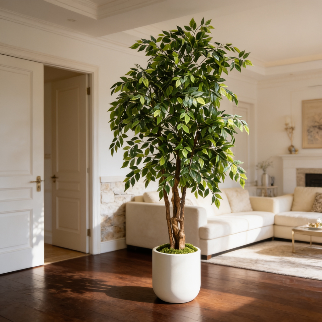 Ficus tree by a doorway with a fireplace and pale sofa on a wood floor