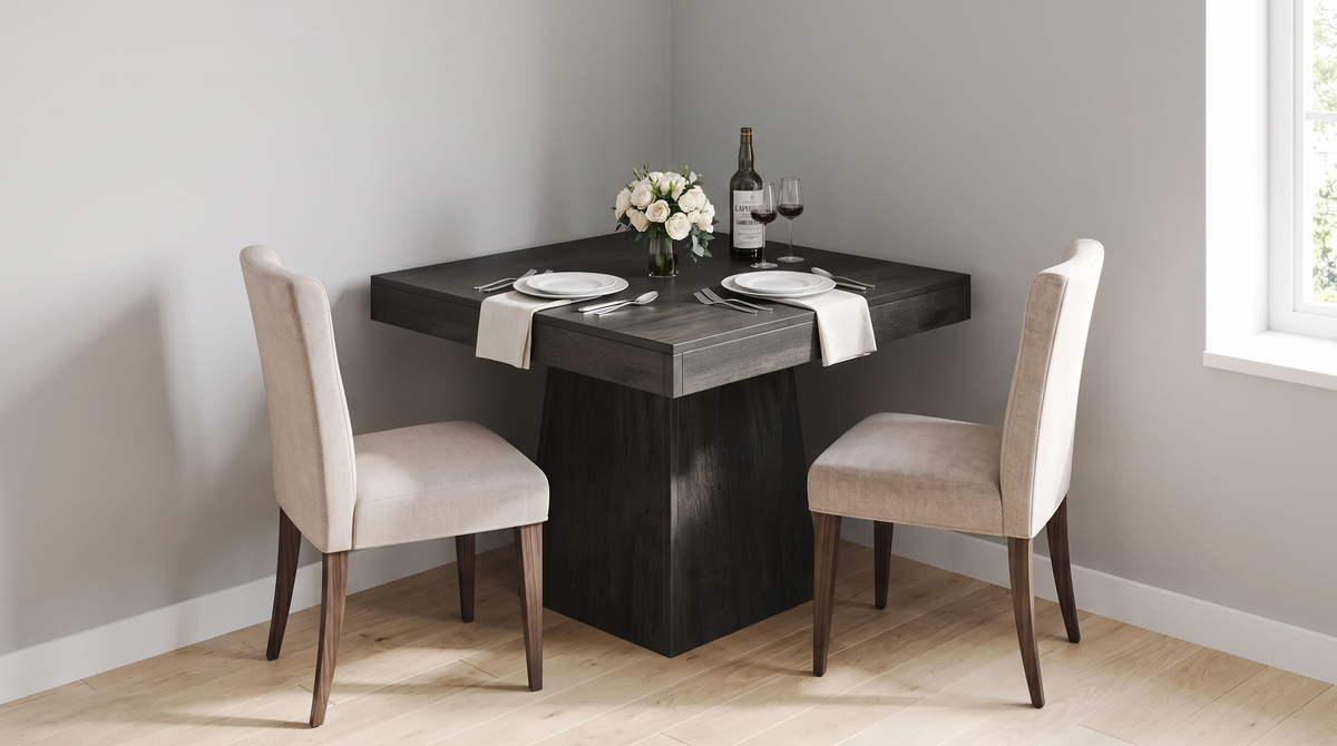 Compact square pedestal dining table in a small apartment kitchen