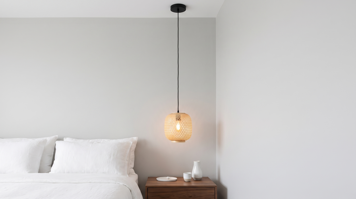 Woven bamboo barrel pendant on a long black cord above a nightstand