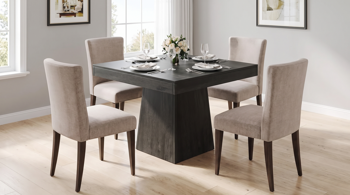 Square pedestal dining table with four chairs in a dining nook