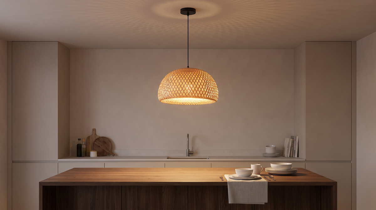 Woven bamboo dome pendant over a kitchen island