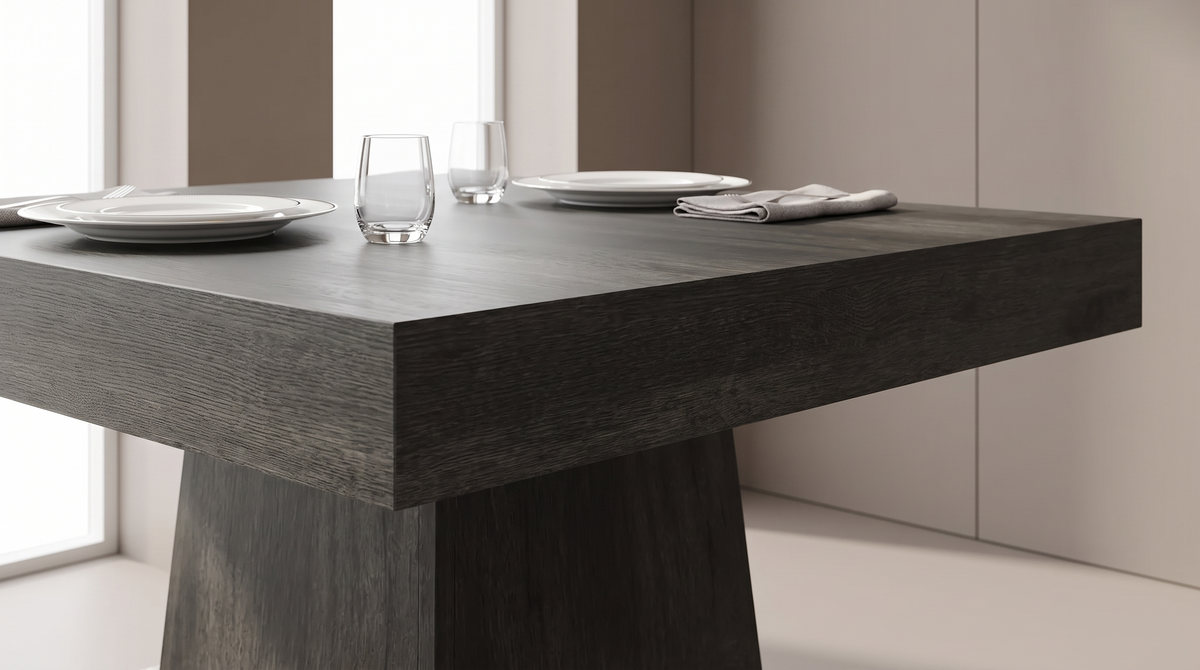 Close view of the thick edge of a charcoal square dining tabletop