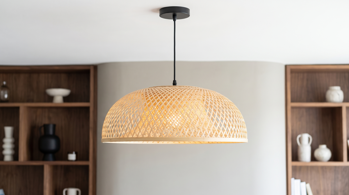 Profile of a wide shallow woven bamboo dome pendant shade