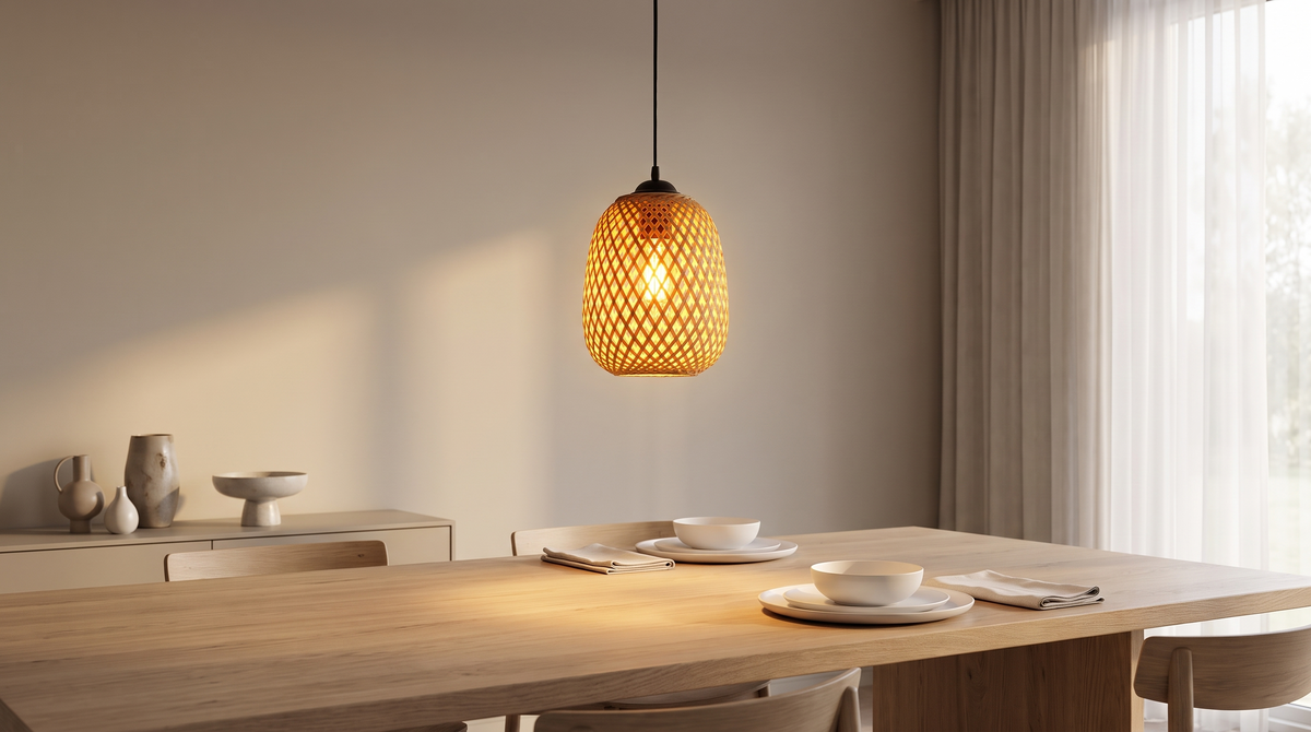 Lit woven bamboo barrel pendant close up over a pale oak table