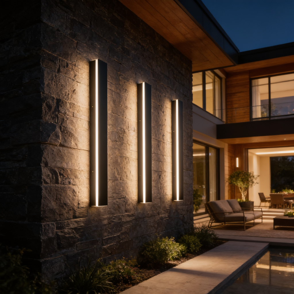 Three slim black LED wall bars washing light down a stone facade at dusk