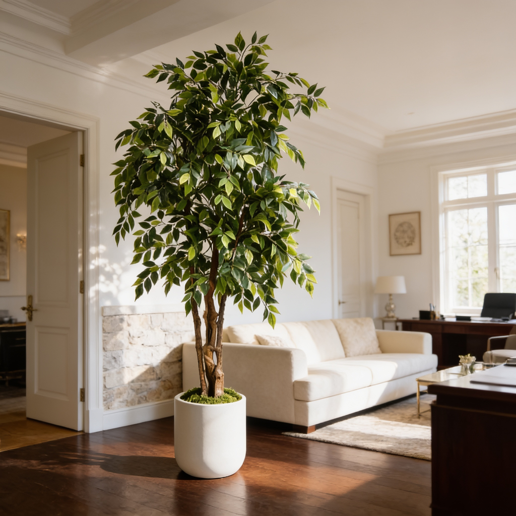 Faux ficus tree in a white pot in a living room with a cream sofa and desk