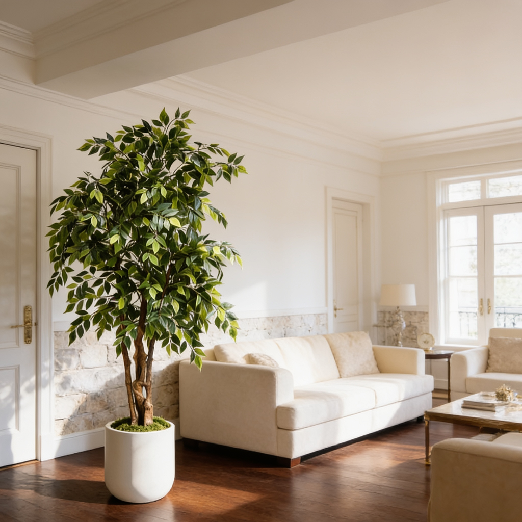 Artificial ficus beside a long cream sofa in a bright room with a window