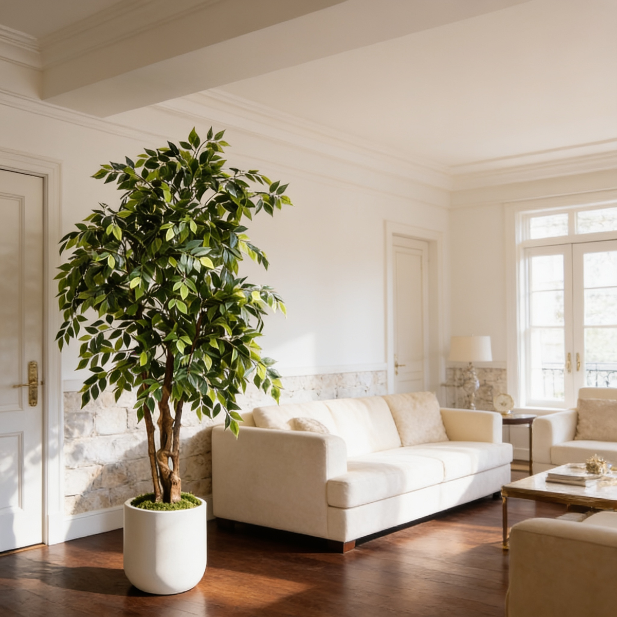 Artificial ficus beside a long cream sofa in a bright room with a window