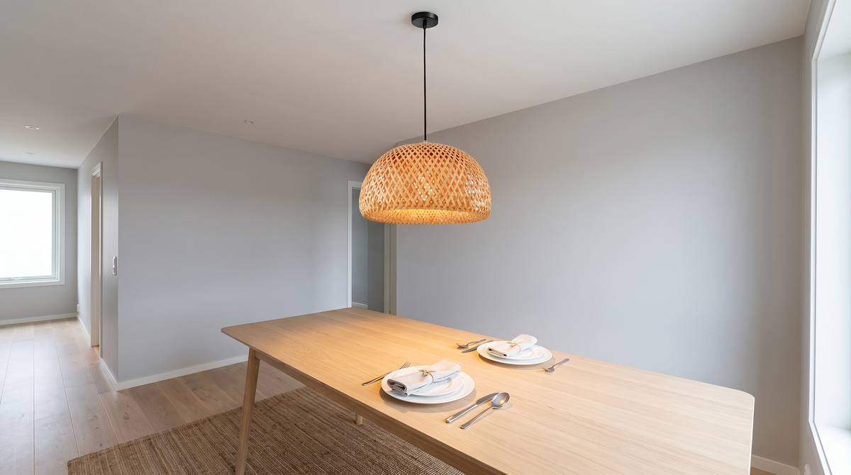 Wide shallow woven bamboo dome pendant above a set dining table