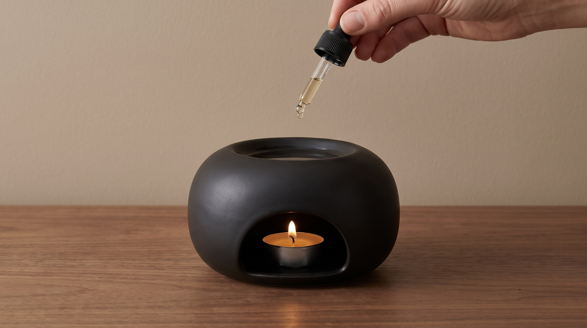 Oil being added to the top dish of a black ceramic pebble oil warmer