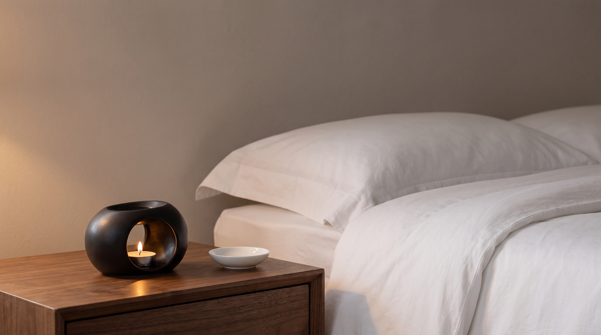 Matte black ceramic pebble oil warmer lit on a bedside table