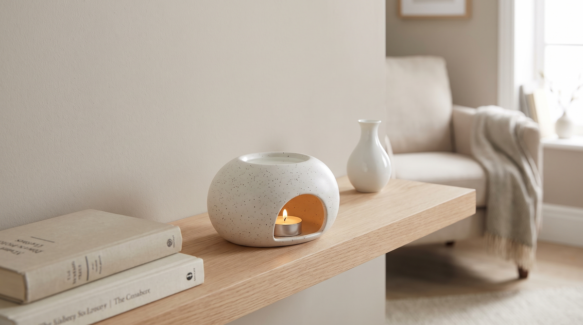 Speckled white ceramic pebble oil warmer on a shelf beside books