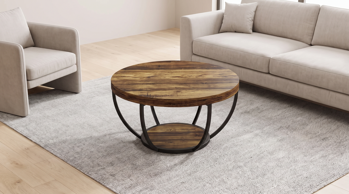 Round two tier coffee table in the open middle of a living room