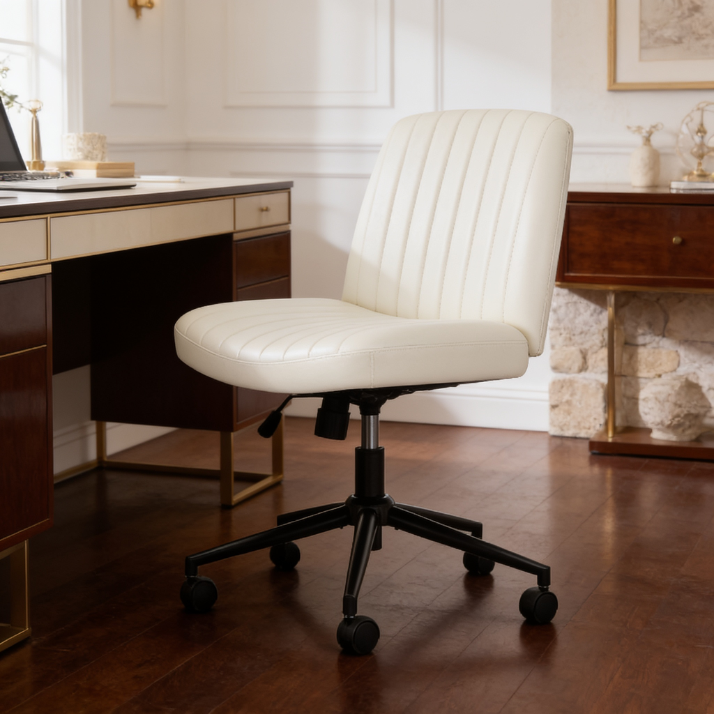Angled view of the desk chair showing its black five star base and wheels