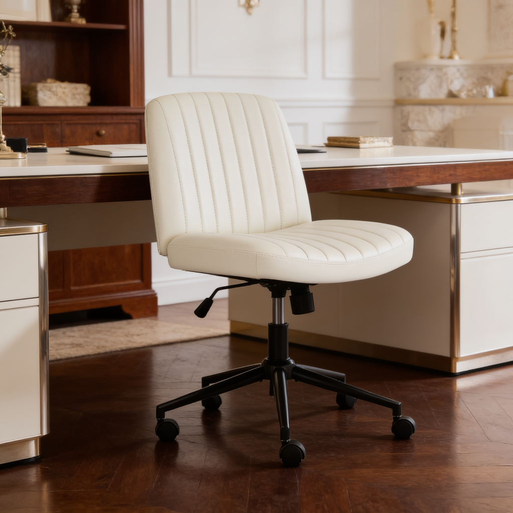 Front facing armless task chair with a wide padded seat in a bright office