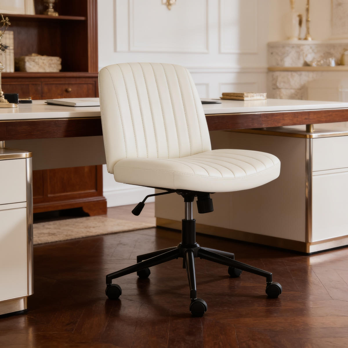 Front facing armless task chair with a wide padded seat in a bright office