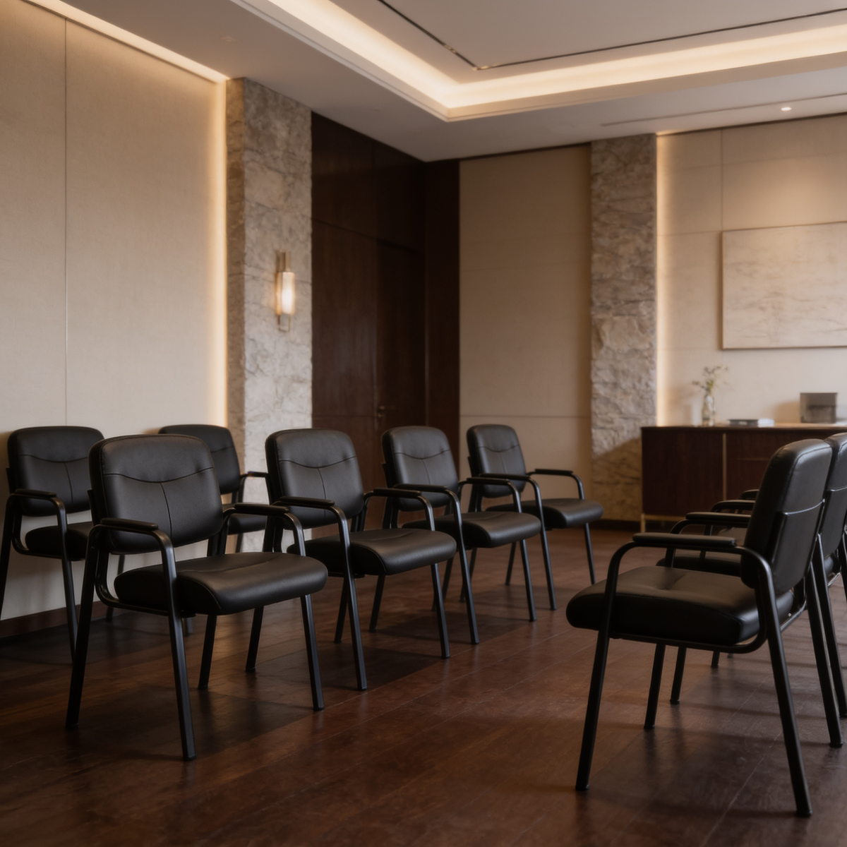 Row of black leather guest chairs lined along a waiting room wall
