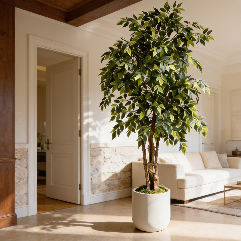 Artificial ficus near a doorway in a bright room with a white sofa