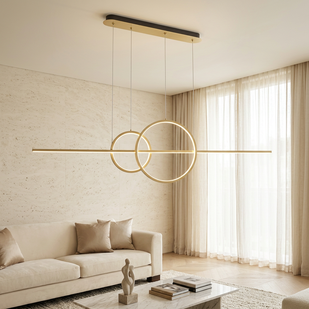 Gold ring bar pendant lighting a living room with sheer curtains