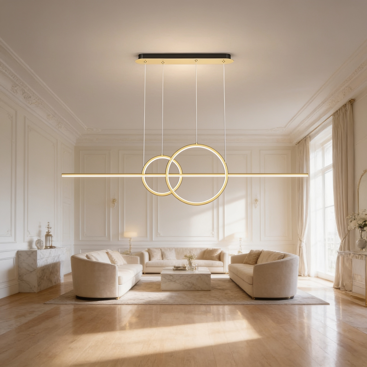Gold ring bar pendant above a bright living room with curved sofas