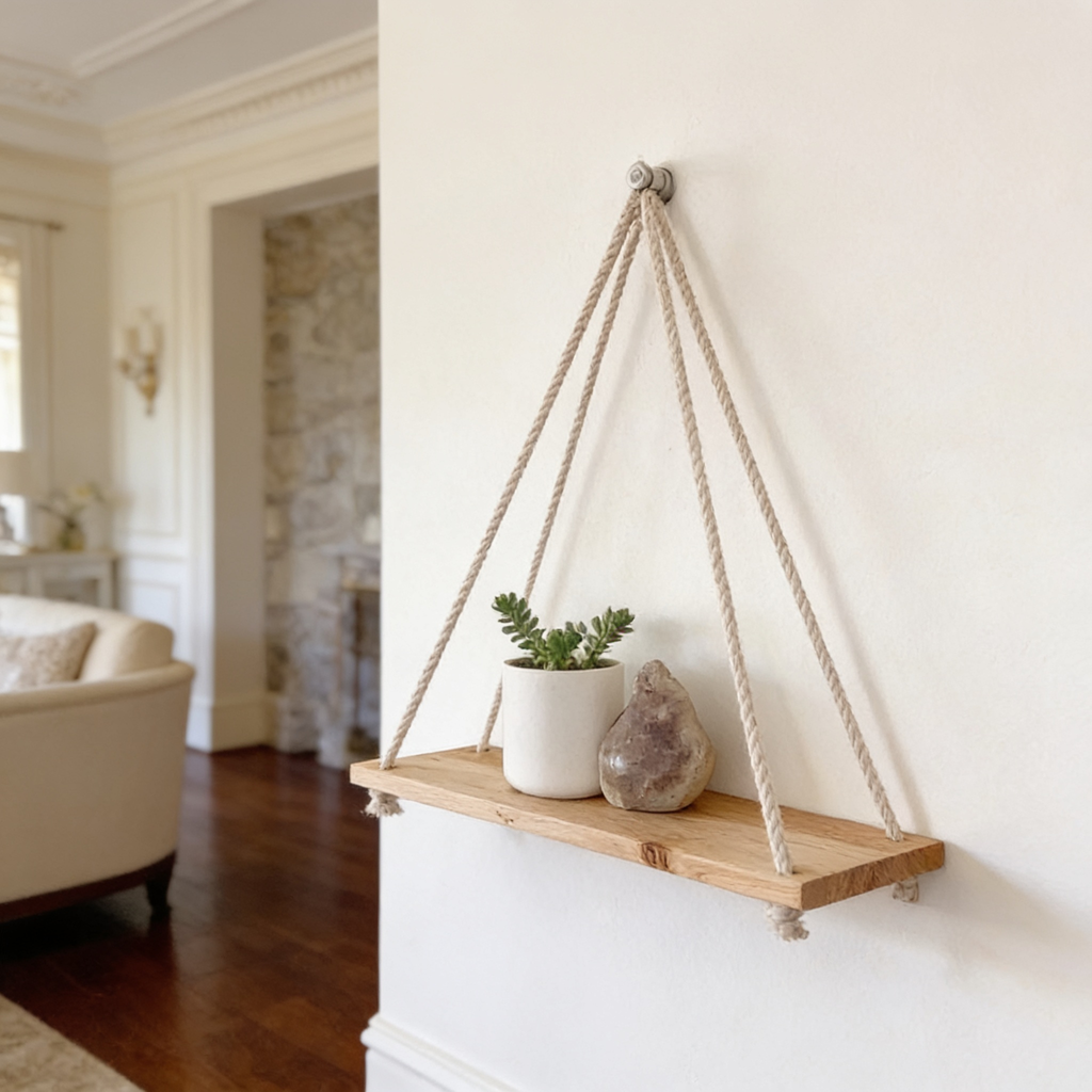Rope shelf on a white hallway wall holding a plant and a stone jar
