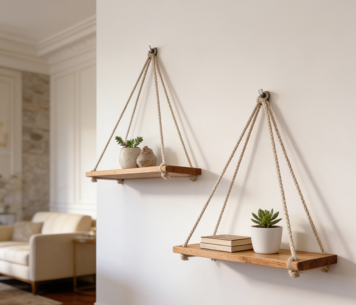 Two rope shelves hung at staggered heights with plants and stacked books