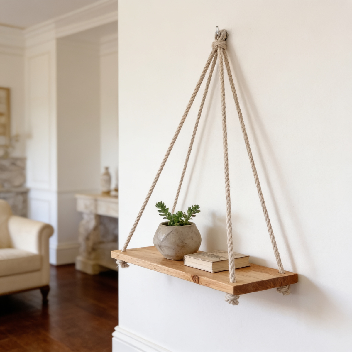 Rope shelf mounted above an armchair with a single potted plant on the board