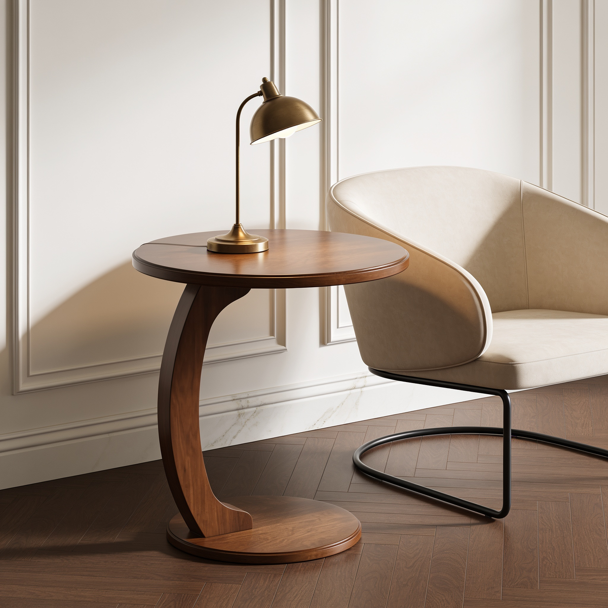 Side table and brass lamp next to a cream lounge chair on a pale area rug