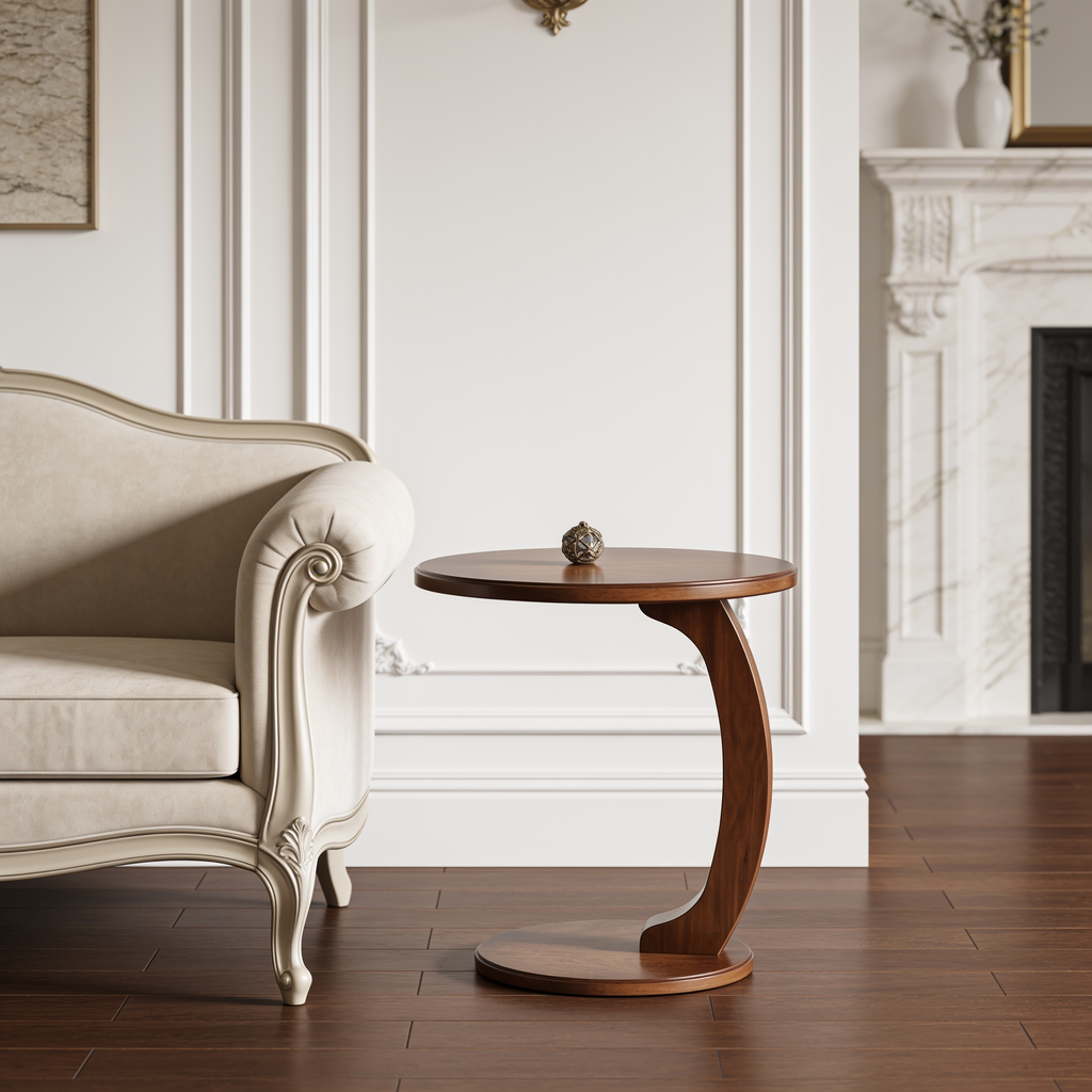 Round side table beside an armchair in a paneled room with a marble fireplace