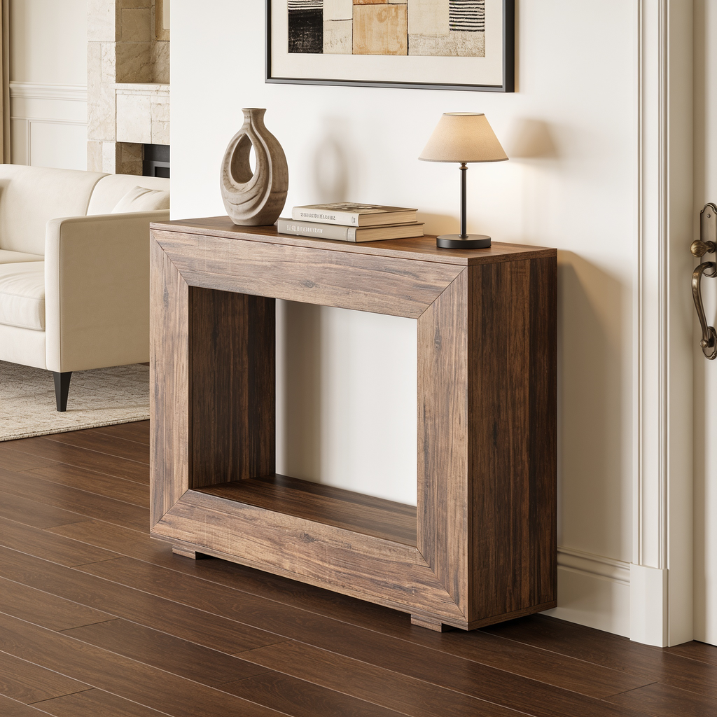 Open frame wood console in a hallway with a vase and lamp on top