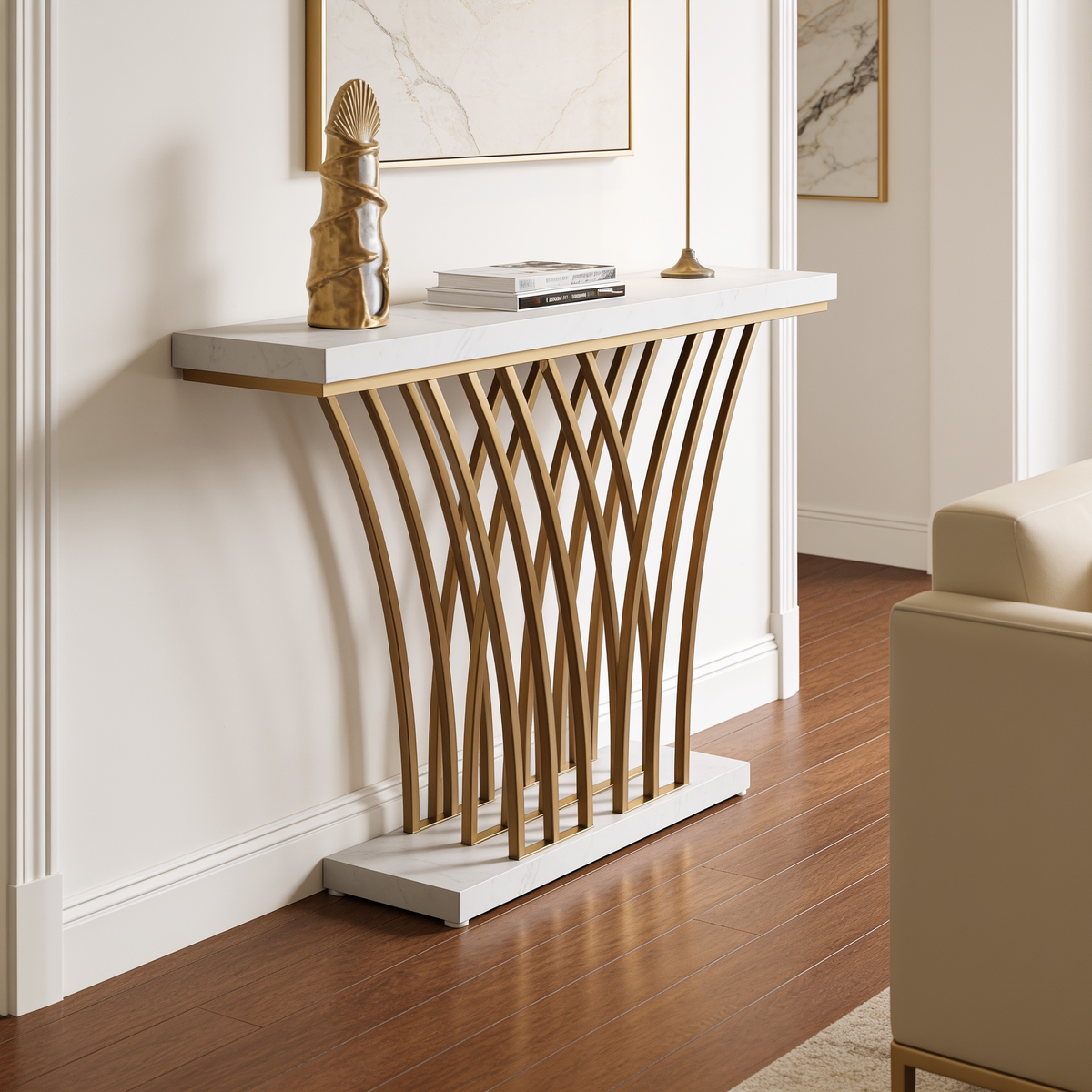 White marble top console on a gold fanned rod base with a small sculpture