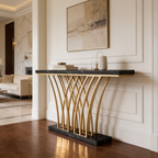 Dark top entryway console with the gold reed base glowing under warm light