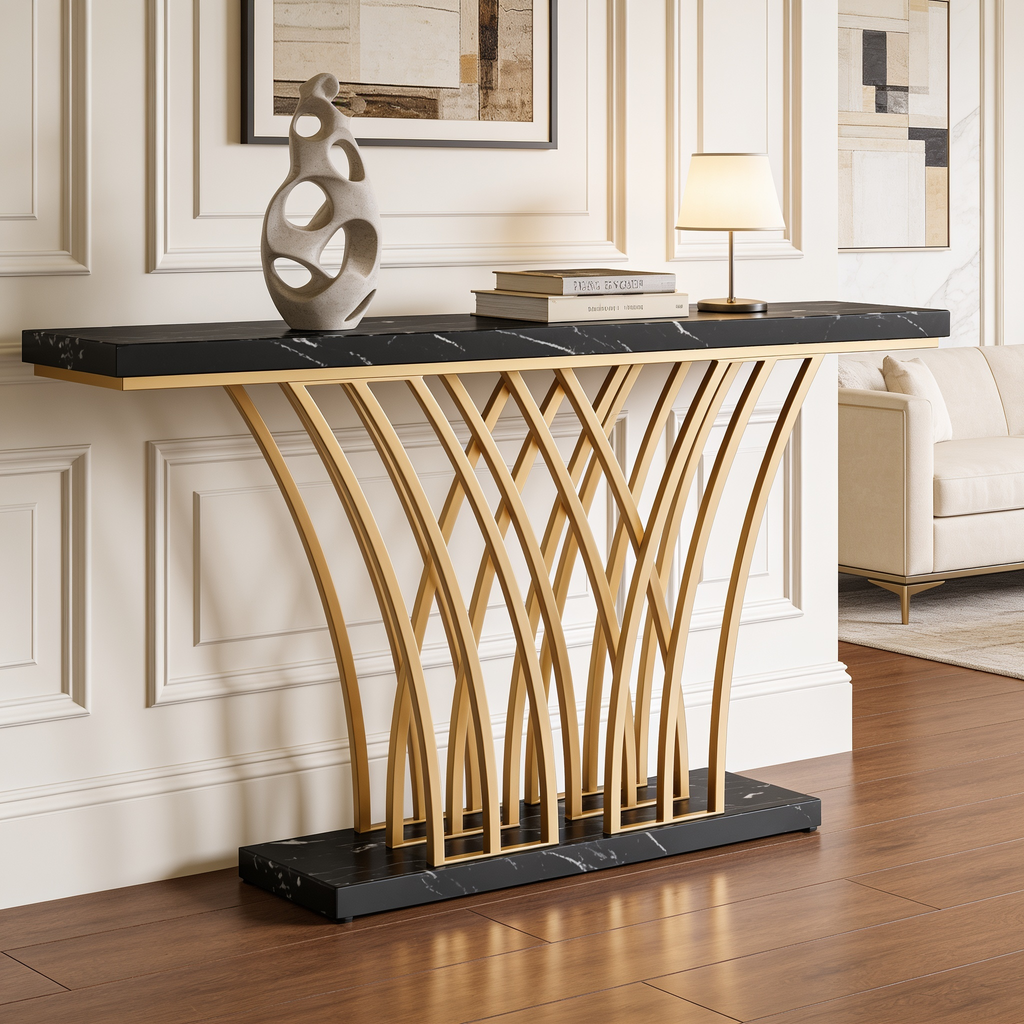 Black marble top console on a gold fan base with a white sculpture and lamp