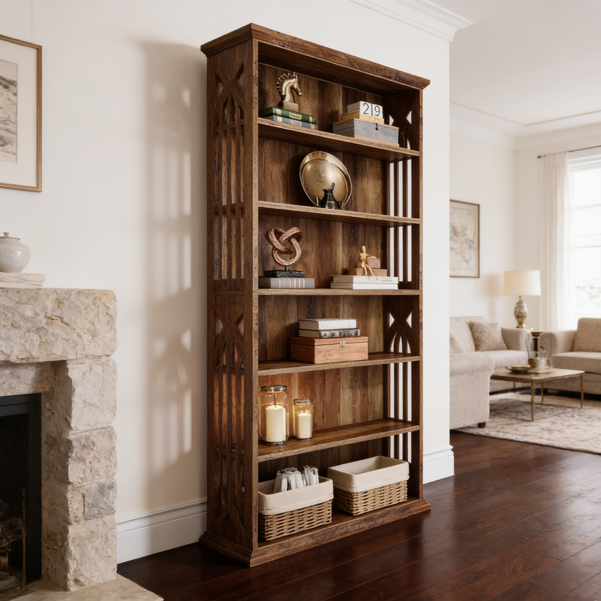 Tall patterned wood bookshelf standing beside a stone fireplace in a bright room