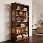 Brown wood bookcase with slatted side panels holding books, a globe and baskets