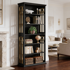 Black bookcase with pale patterned side panels styled with vases and a plant